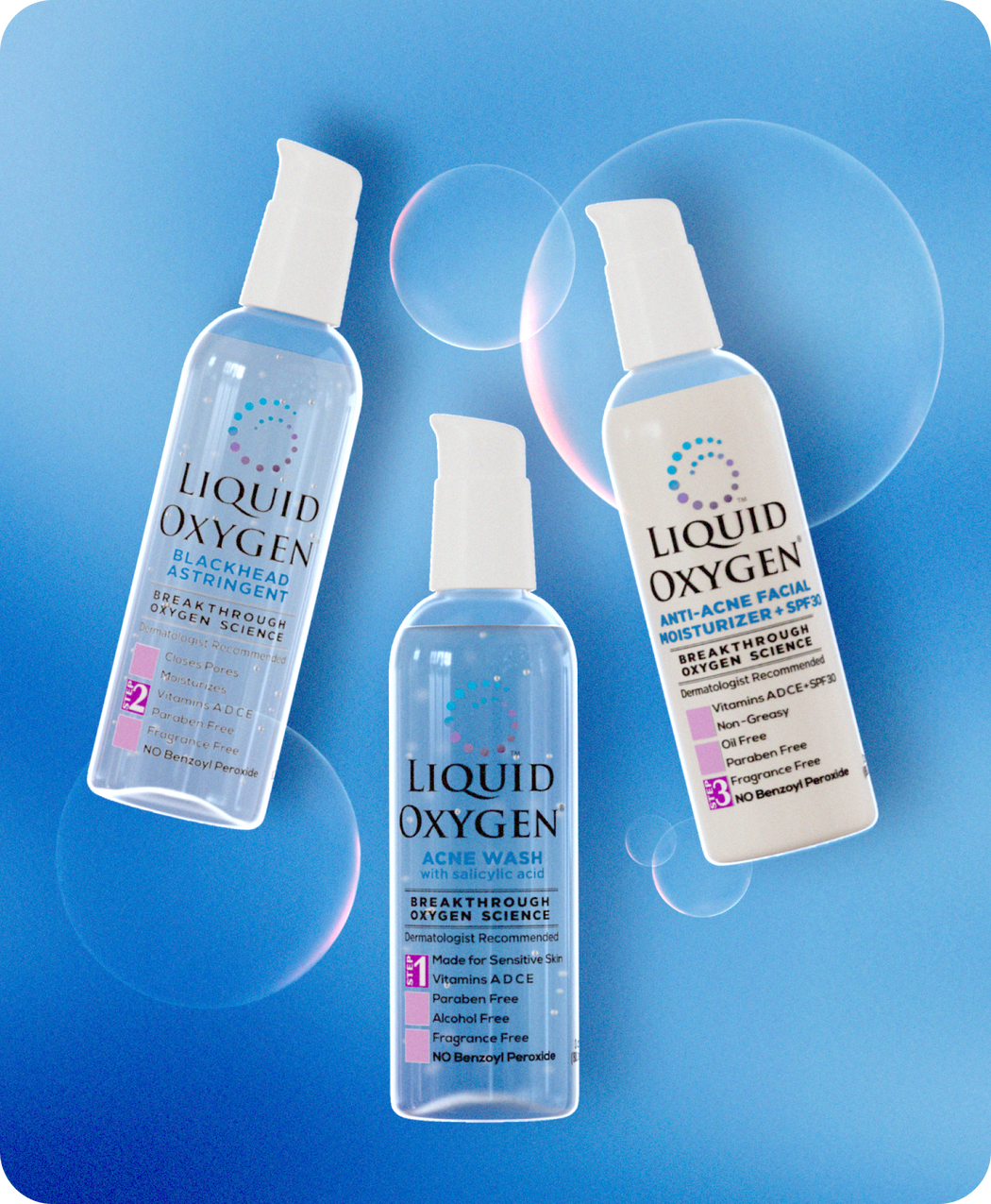 The three bottles of the Liquid Oxygen 3-Step Acne System: The Acne Wash, The Blackhead Astringent, The Anti-Acne Facial Moisturizer with SPF-30